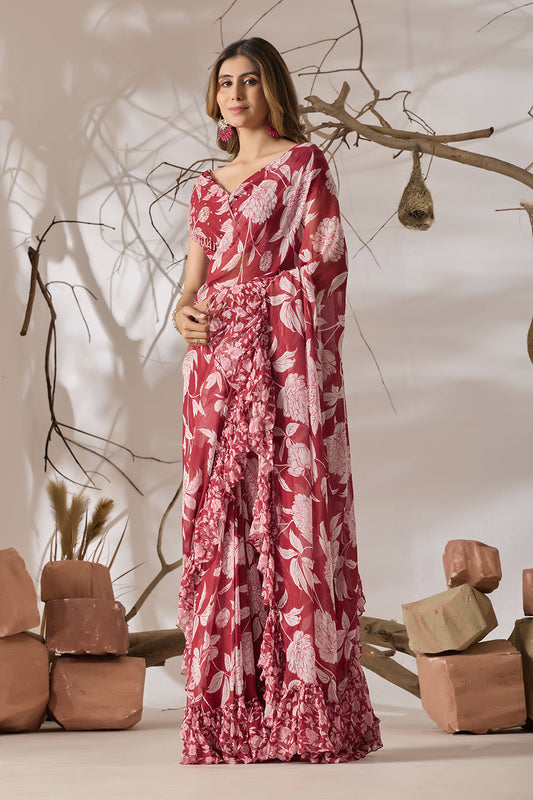 Gulmarg Rosé Ruffle Printed Saree Set