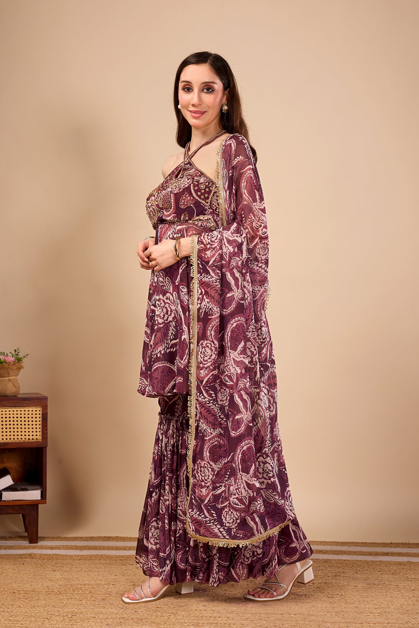 Paisley Print Halter Tunic with Statement Sharara Pants