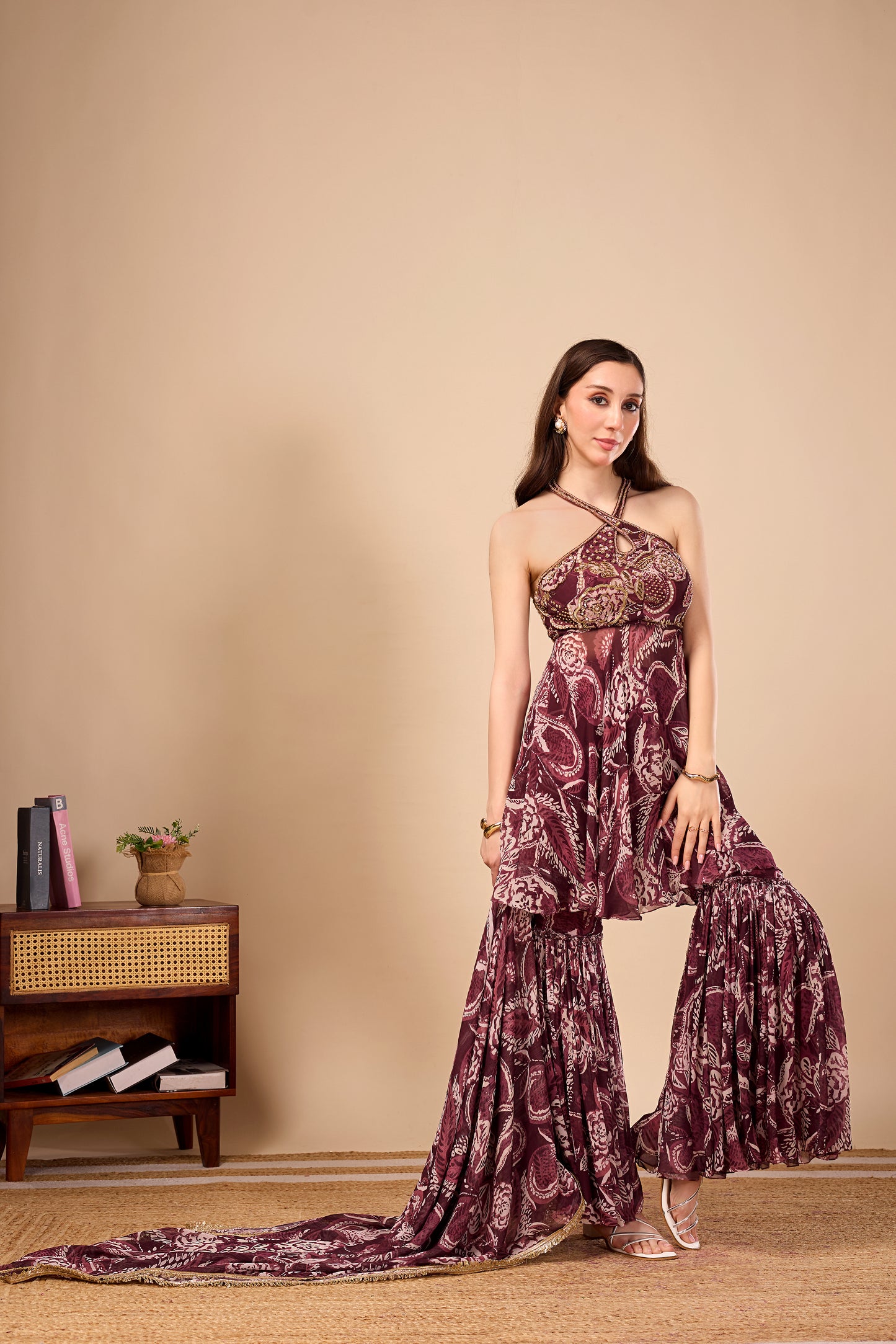 Paisley Print Halter Tunic with Statement Sharara Pants
