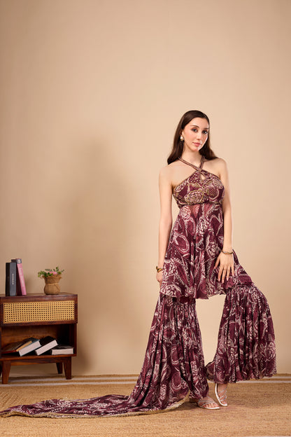 Paisley Print Halter Tunic with Statement Sharara Pants