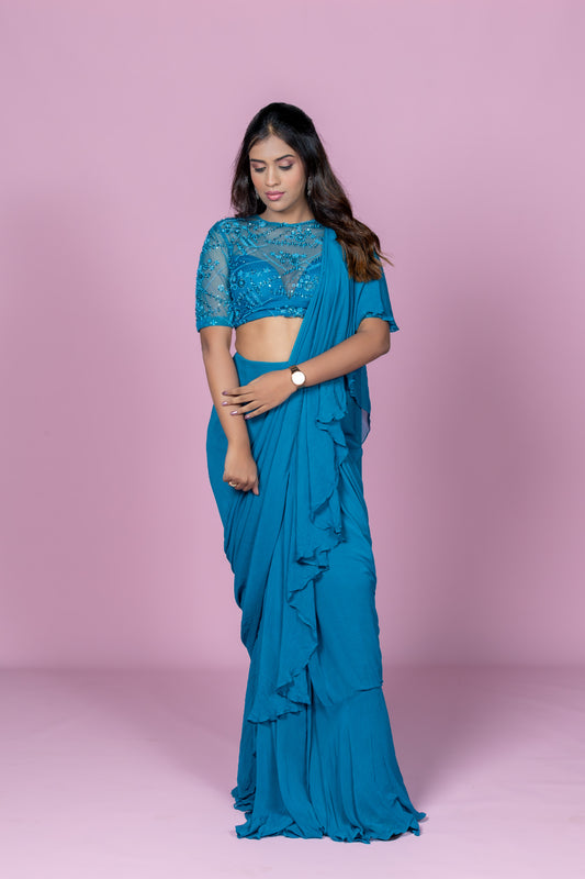 Teal ruffle saree