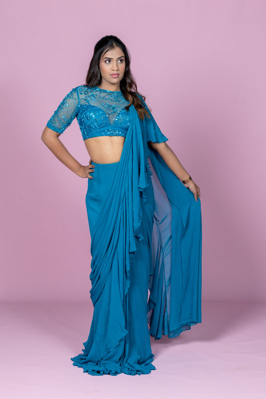 Teal ruffle saree