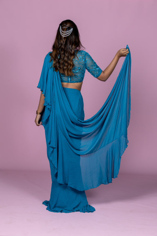 Teal ruffle saree