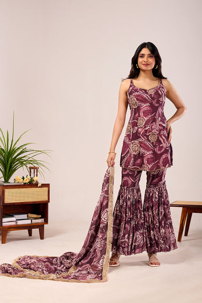 Plum Paisley Printed Sharara Set with Dupatta