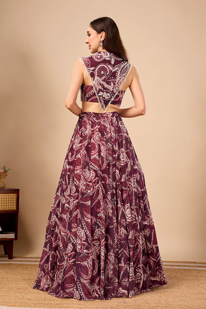 Plum Paisley Printed Indo Western Lehenga Set