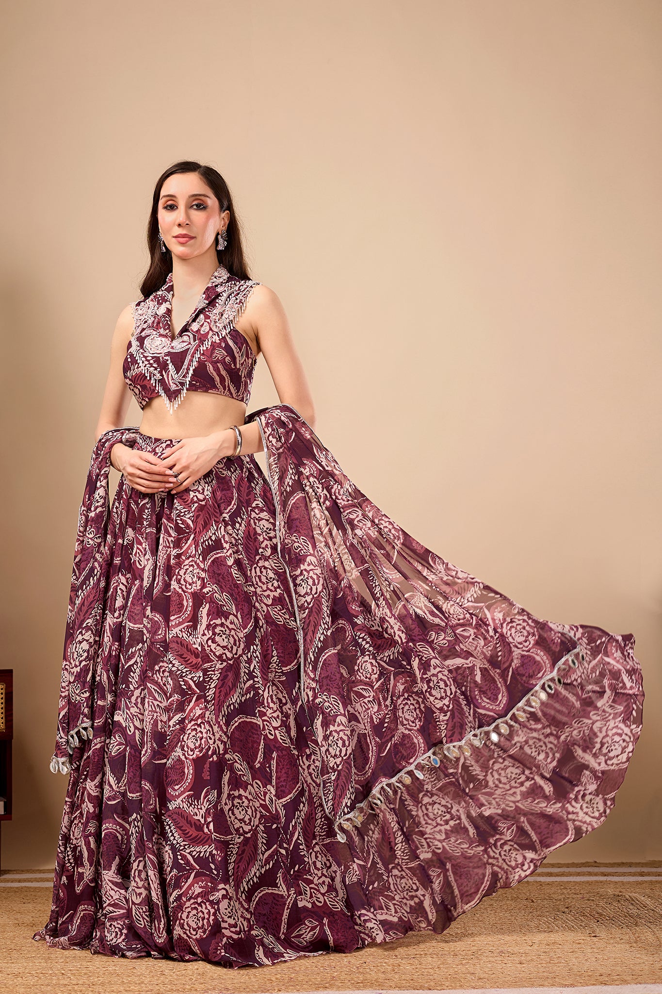 Plum Paisley Printed Indo Western Lehenga Set