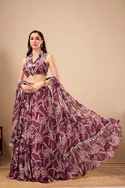 Plum Paisley Printed Indo Western Lehenga Set