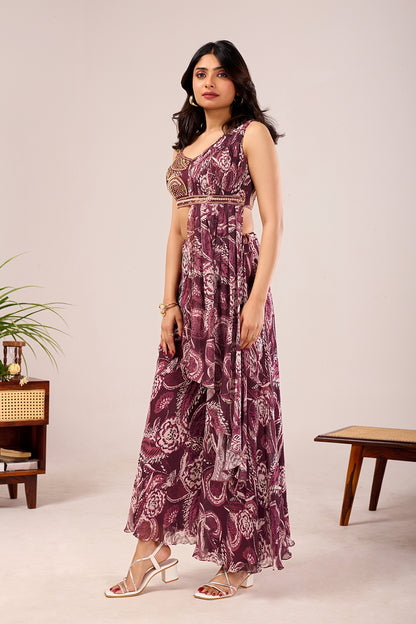 Wine Paisley Draped Palazzo Set