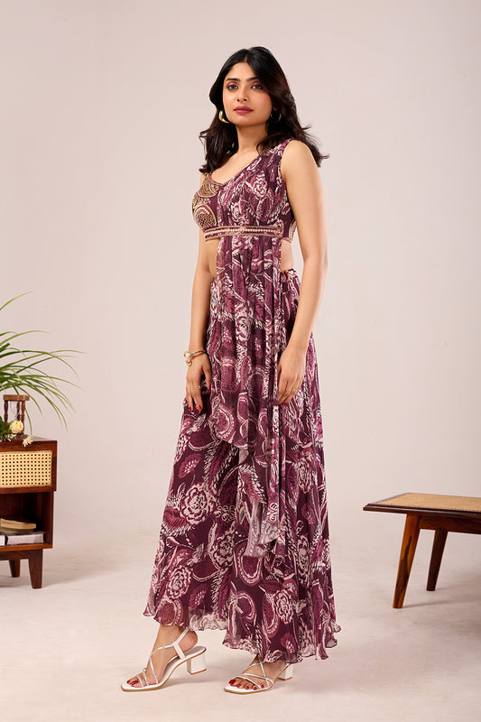 Wine Paisley Draped Palazzo Set