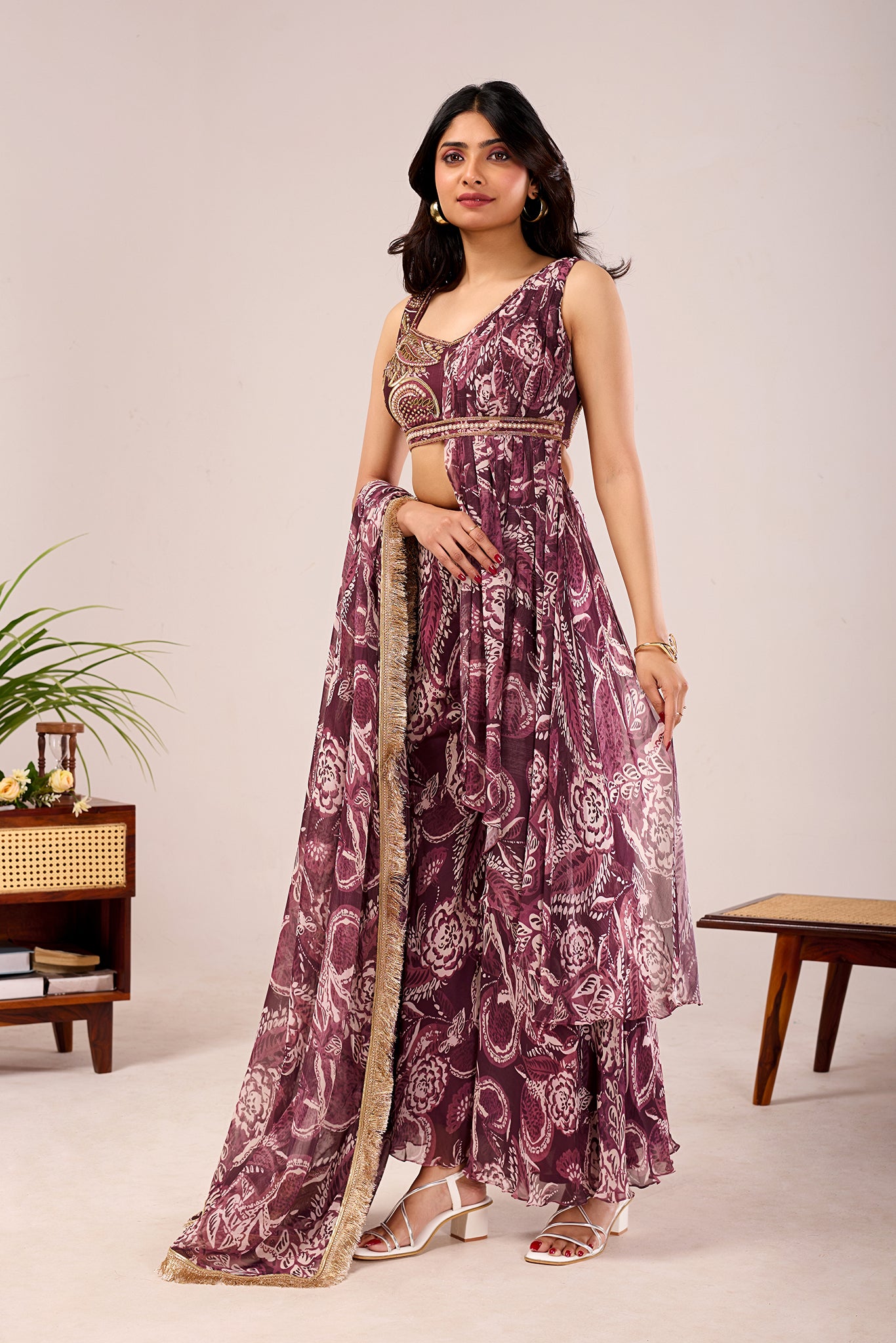 Wine Paisley Draped Palazzo Set