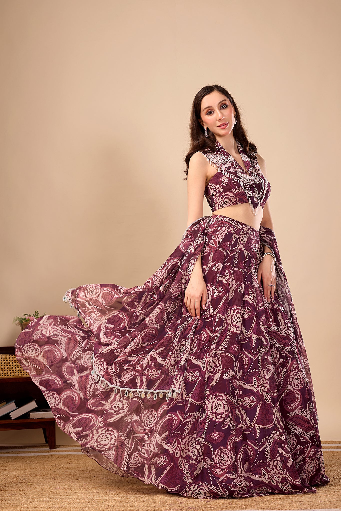 Plum Paisley Printed Indo Western Lehenga Set