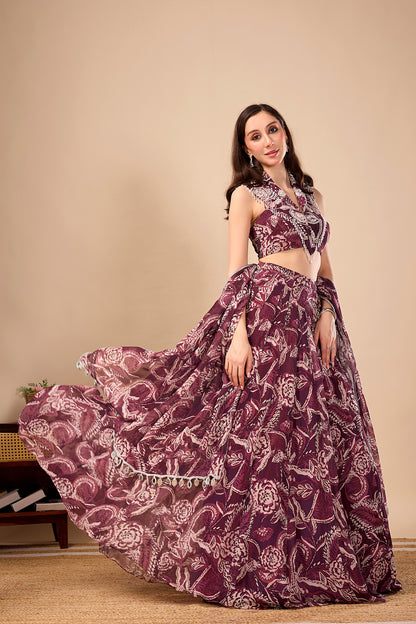 Plum Paisley Printed Indo Western Lehenga Set