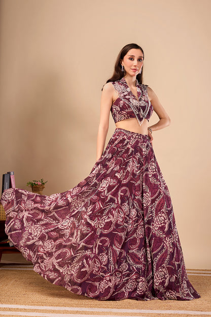 Plum Paisley Printed Indo Western Lehenga Set