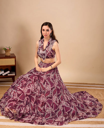 Plum Paisley Printed Indo Western Lehenga Set