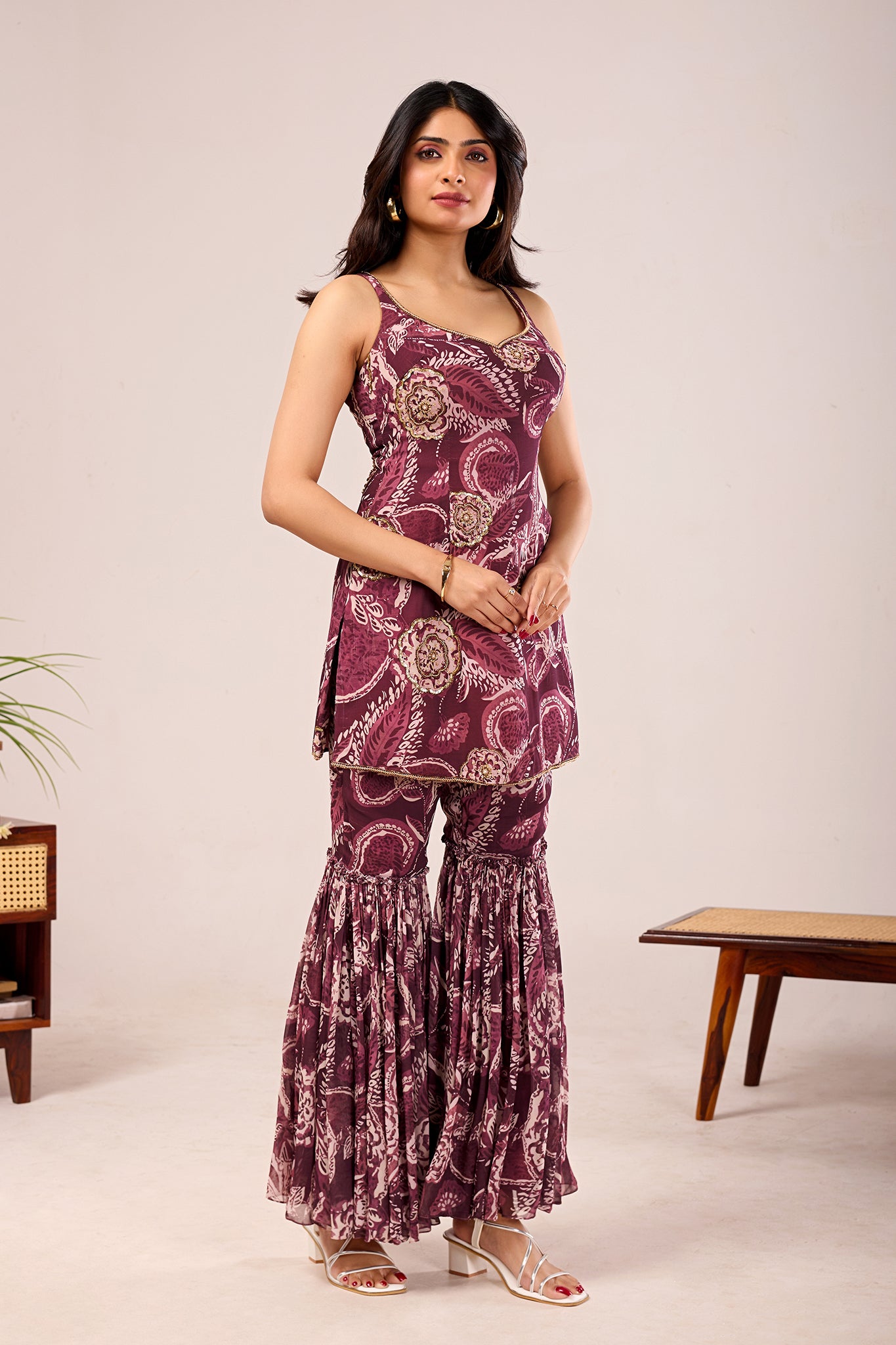 Plum Paisley Printed Sharara Set with Dupatta