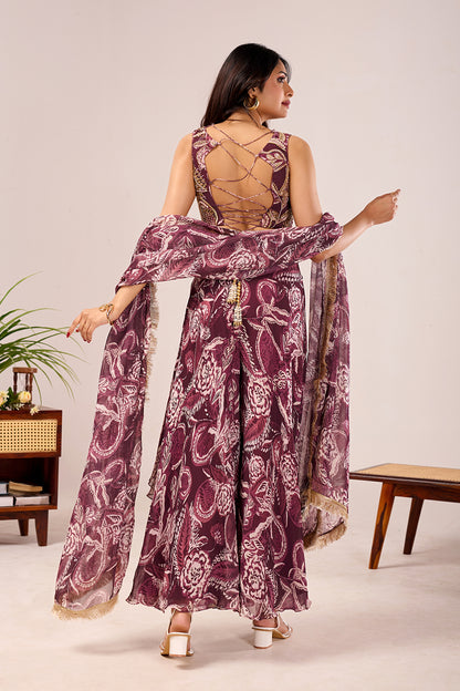 Wine Paisley Draped Palazzo Set