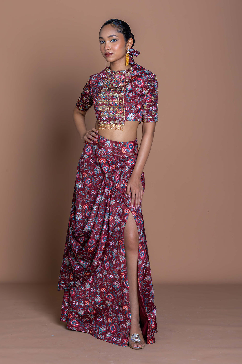 Garnet Grid Draped Skirt Set