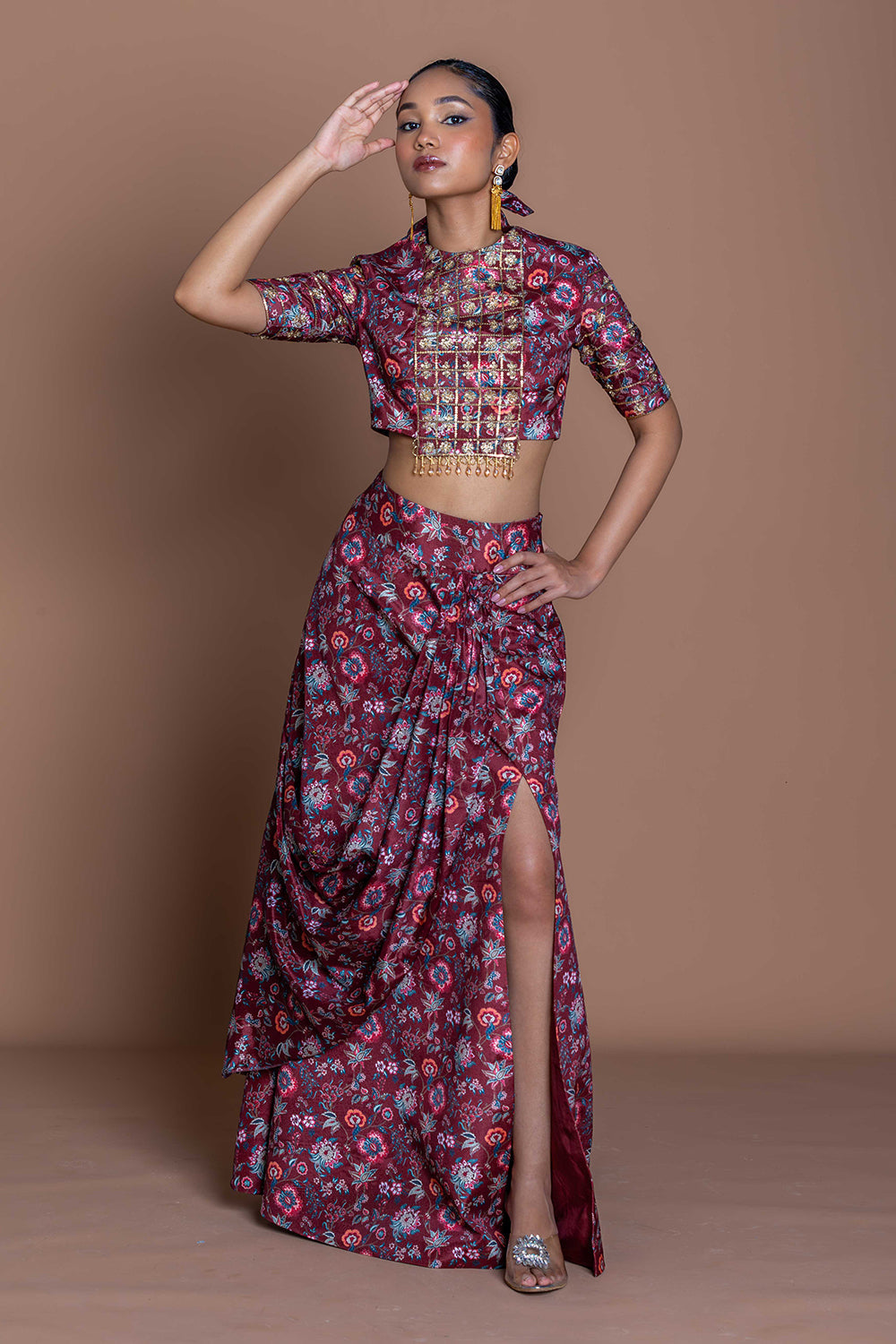 Garnet Grid Draped Skirt Set