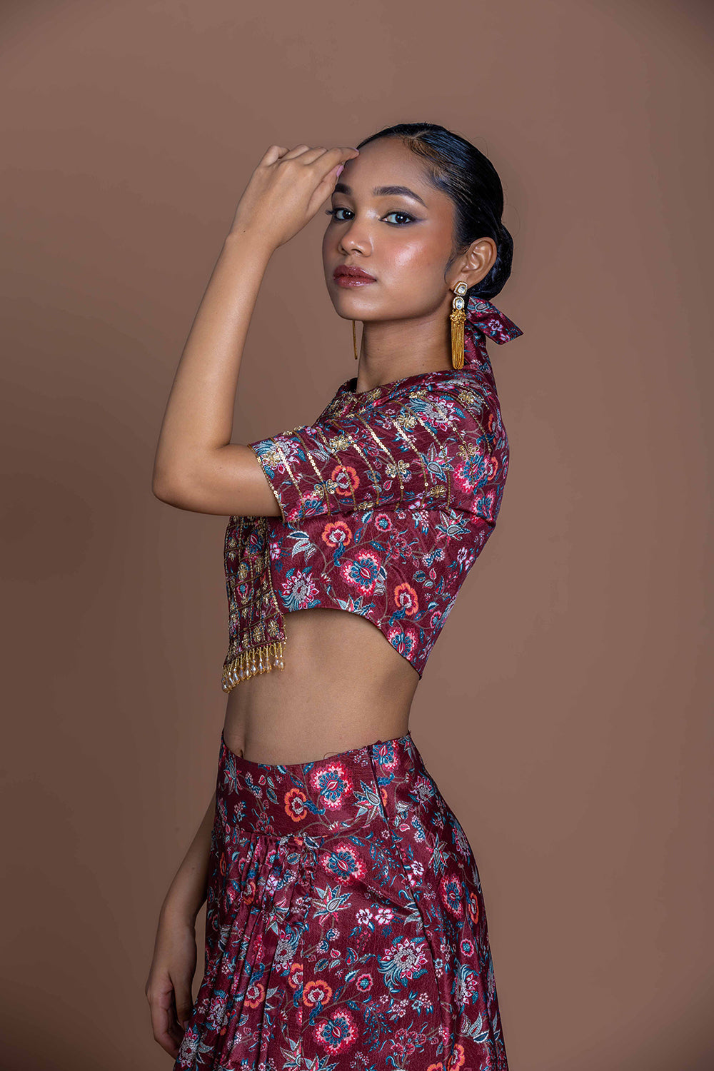 Garnet Grid Draped Skirt Set