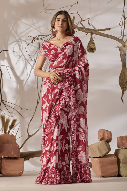 Gulmarg Rosé Ruffle Printed Saree Set