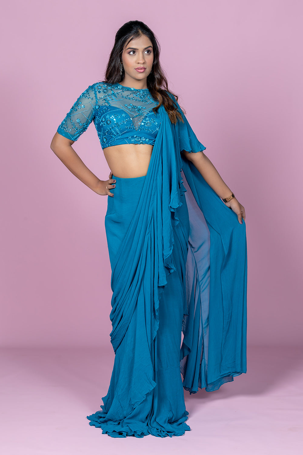 Teal ruffle saree