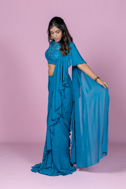 Teal ruffle saree