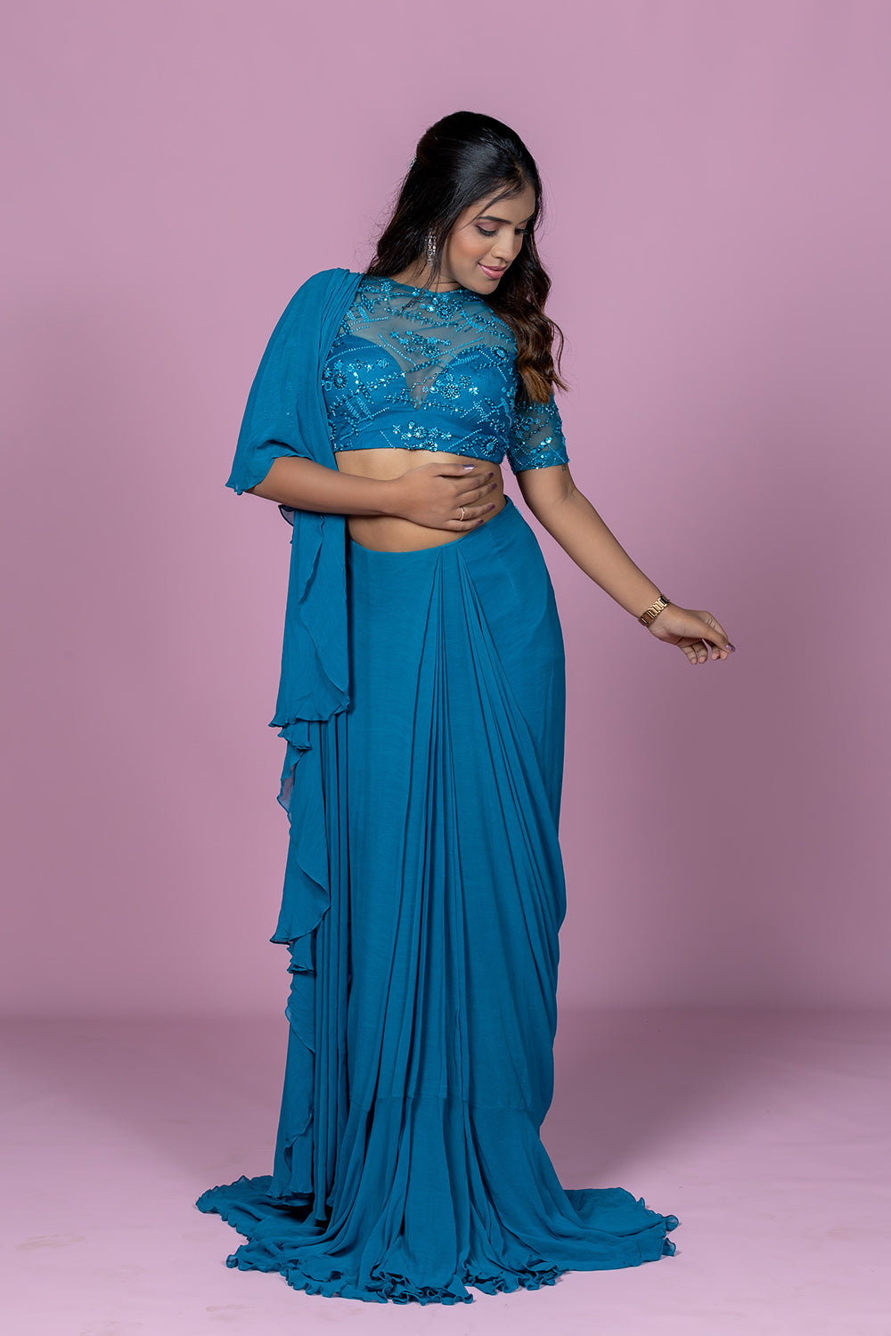 Teal Ruffle Saree