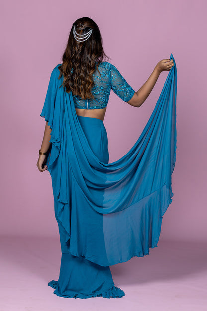 Teal ruffle saree
